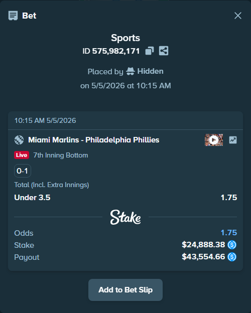 Bet slip: Miami Marlins - Philadelphia Phillies, $24,888.38 stake at 1.75 odds, placed by Hidden