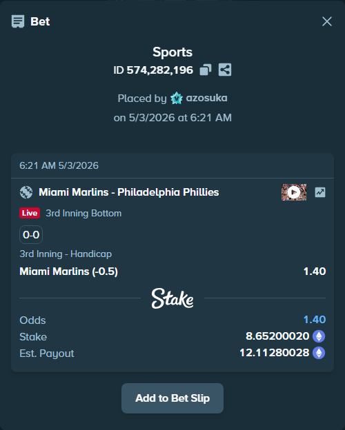 Bet slip: Miami Marlins - Philadelphia Phillies, $30,282.00 stake at 1.40 odds, placed by azosuka