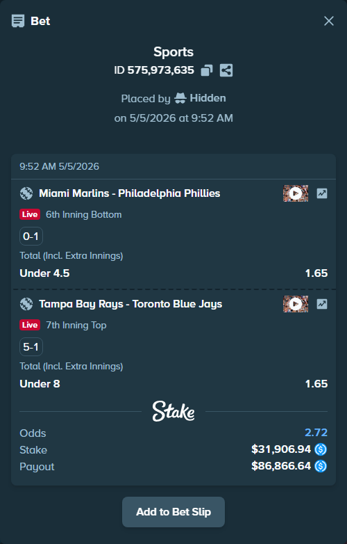Bet slip: Miami Marlins - Philadelphia Phillies, $31,906.94 stake at 1.65 odds, placed by Hidden
