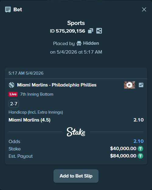 Bet slip: Miami Marlins - Philadelphia Phillies, $40,000.00 stake at 2.10 odds, placed by Hidden