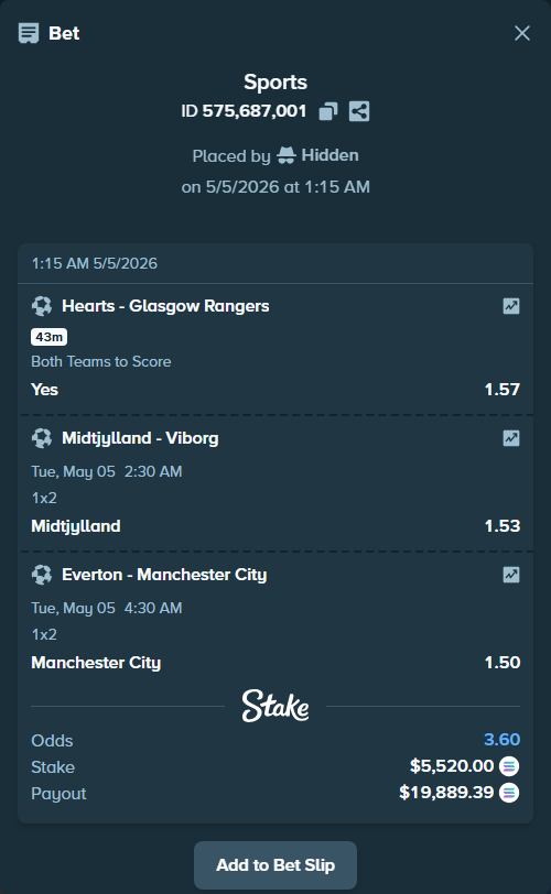 Bet slip: Midtjylland - Viborg, $13,093.44 stake at 1.53 odds, placed by Hidden