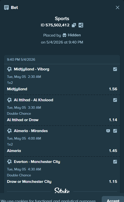 Bet slip: Midtjylland - Viborg, $31,500.00 stake at 1.56 odds, placed by Hidden