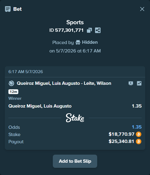 Bet slip: Miguel, Luis Guto - Leite, Wilson, $16,148.66 stake at 1.35 odds, placed by Hidden