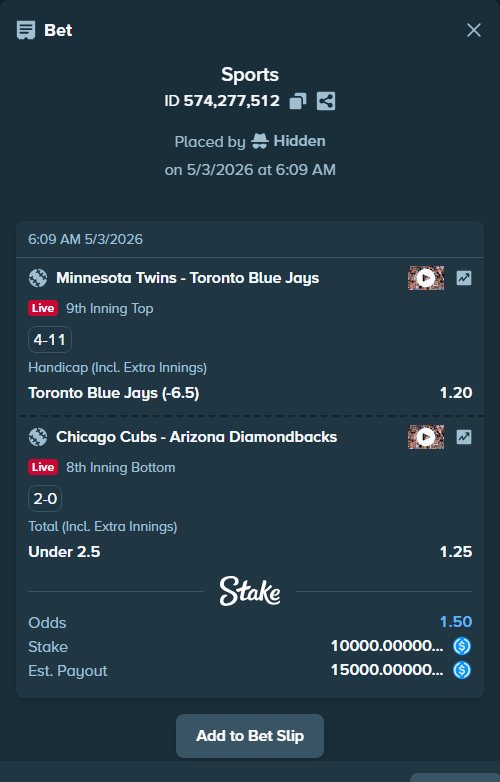 Bet slip: Minnesota Twins - Toronto Blue Jays, $10,000.00 stake at 1.20 odds, placed by Hidden