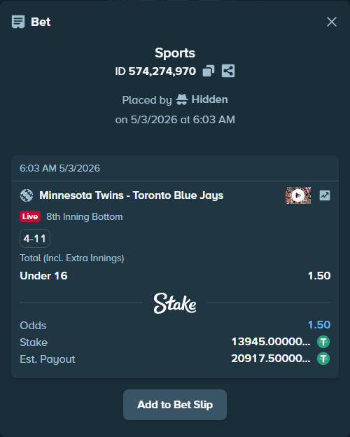 Bet slip: Minnesota Twins - Toronto Blue Jays, $13,945.00 stake at 1.50 odds, placed by Hidden