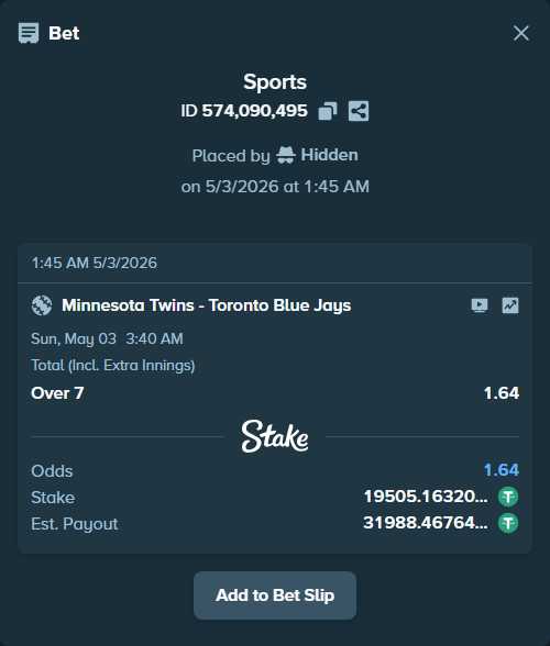 Bet slip: Minnesota Twins - Toronto Blue Jays, $19,505.16 stake at 1.64 odds, placed by Hidden