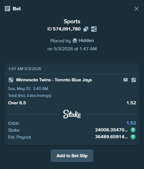 Bet slip: Minnesota Twins - Toronto Blue Jays, $24,006.35 stake at 1.52 odds, placed by Hidden