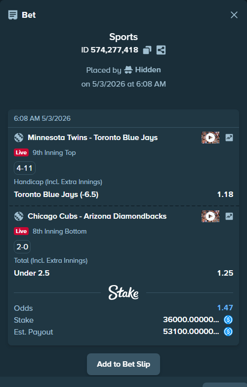 Bet slip: Minnesota Twins - Toronto Blue Jays, $36,000.00 stake at 1.18 odds, placed by Hidden