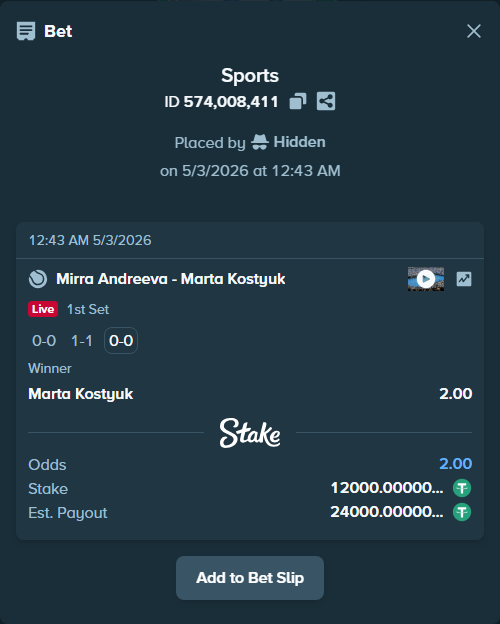 Bet slip: Mirra Andreeva - Marta Kostyuk, $12,000.00 stake at 2.00 odds, placed by Hidden