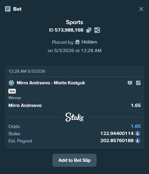 Bet slip: Mirra Andreeva - Marta Kostyuk, $15,982.72 stake at 1.65 odds, placed by Hidden