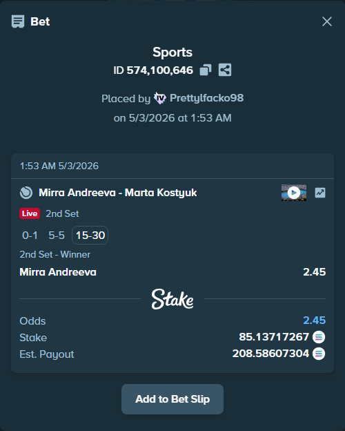 Bet slip: Mirra Andreeva - Marta Kostyuk, $17,027.43 stake at 2.45 odds, placed by Prettylfacko98