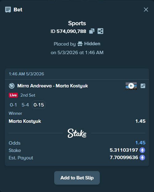 Bet slip: Mirra Andreeva - Marta Kostyuk, $18,588.61 stake at 1.45 odds, placed by Hidden