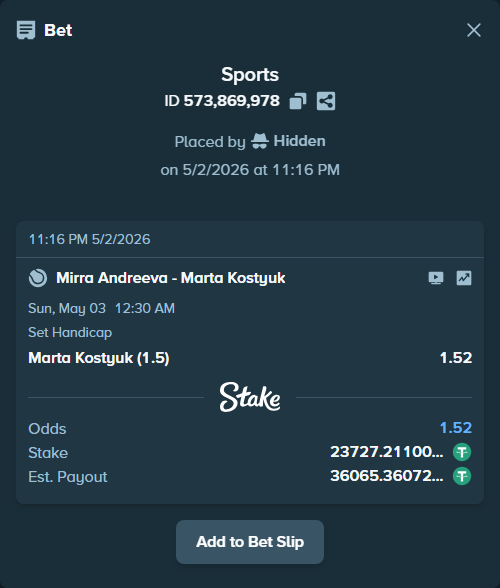 Bet slip: Mirra Andreeva - Marta Kostyuk, $23,727.21 stake at 1.52 odds, placed by Hidden