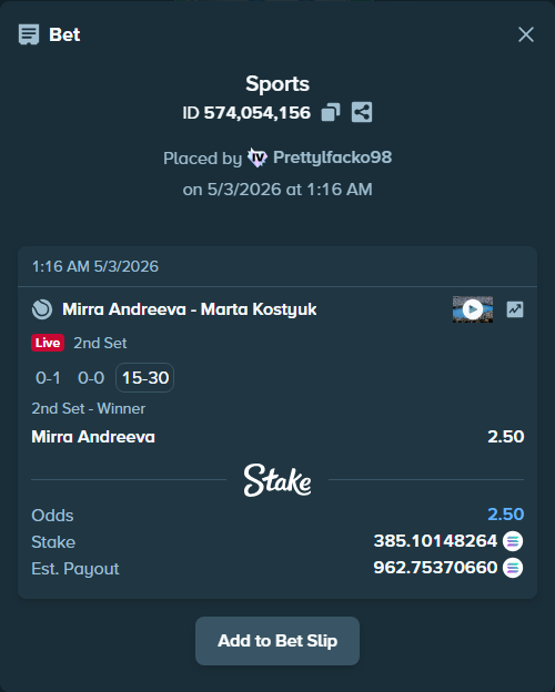 Bet slip: Mirra Andreeva - Marta Kostyuk, $77,020.30 stake at 2.50 odds, placed by Prettylfacko98