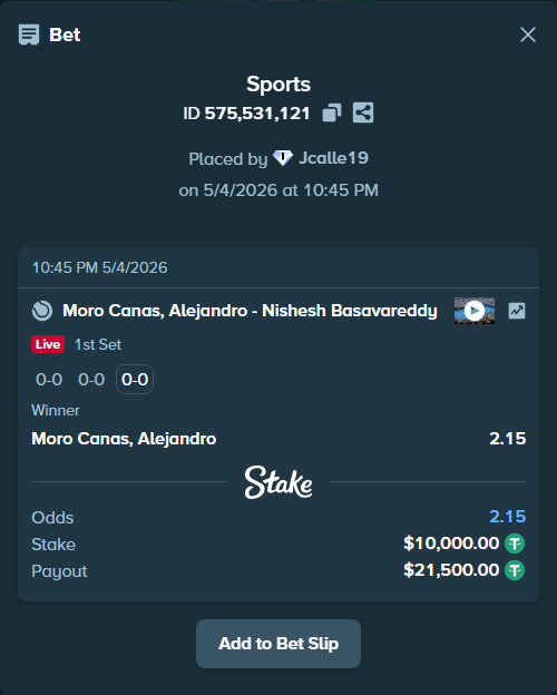 Bet slip: Moro Canas, Alejandro - Nishesh Basavareddy, $10,000.00 stake at 2.15 odds, placed by Jcalle19