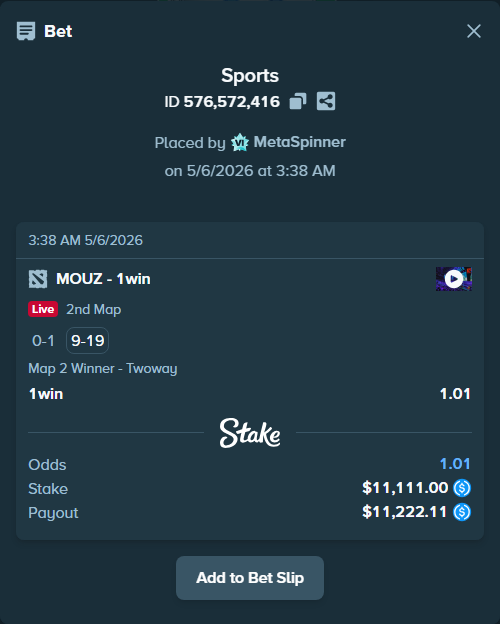 Bet slip: MOUZ - 1win, $11,111.00 stake at 1.01 odds, placed by MetaSpinner