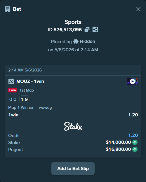 Bet slip: MOUZ - 1win, $14,000.00 stake at 1.20 odds, placed by Hidden