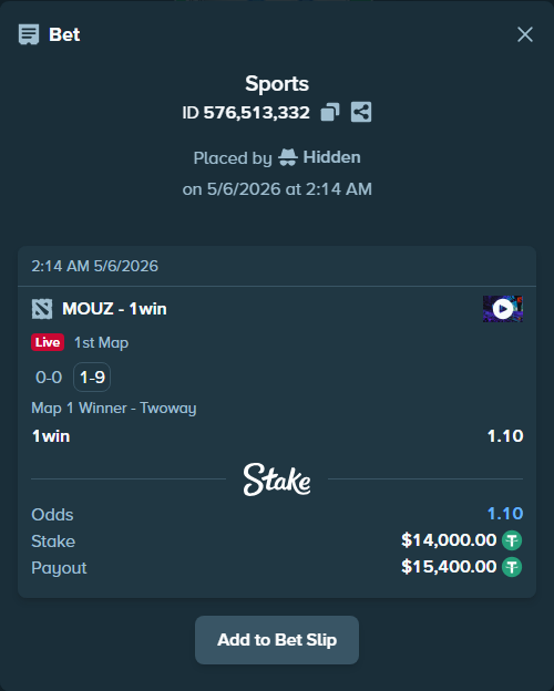 Bet slip: MOUZ - 1win, $14,000.00 stake at 1.10 odds, placed by Hidden