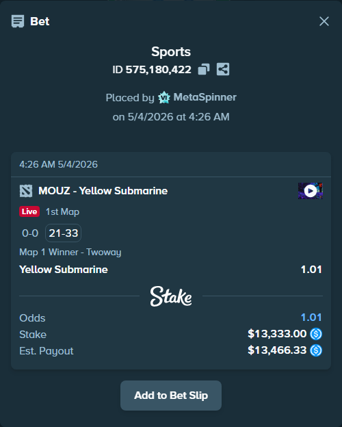 Bet slip: MOUZ - Yellow Submarine, $13,333.00 stake at 1.01 odds, placed by MetaSpinner