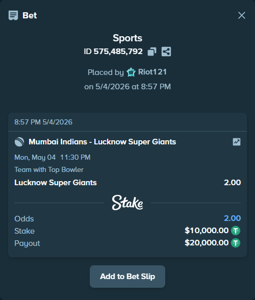 Bet slip: Mumbai Indians - Lucknow Super Giants, $10,000.00 stake at 2.00 odds, placed by Riot121