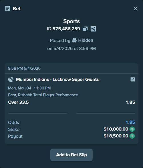 Bet slip: Mumbai Indians - Lucknow Super Giants, $10,000.00 stake at 1.85 odds, placed by Riot121