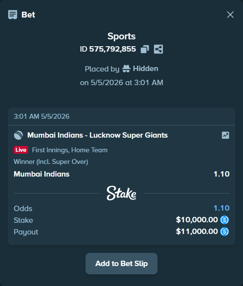 Bet slip: Mumbai Indians - Lucknow Super Giants, $10,000.00 stake at 1.10 odds, placed by Hidden