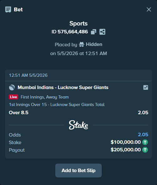 Bet slip: Mumbai Indians - Lucknow Super Giants, $100,000.00 stake at 2.05 odds, placed by Hidden