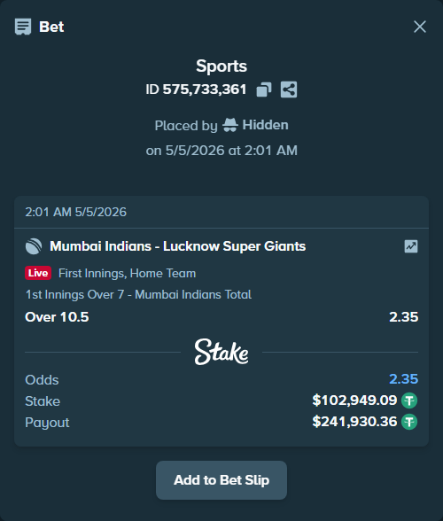Bet slip: Mumbai Indians - Lucknow Super Giants, $102,949.09 stake at 2.35 odds, placed by Hidden