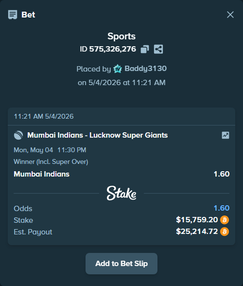 Bet slip: Mumbai Indians - Lucknow Super Giants, $13,998.90 stake at 1.60 odds, placed by Baddy3130