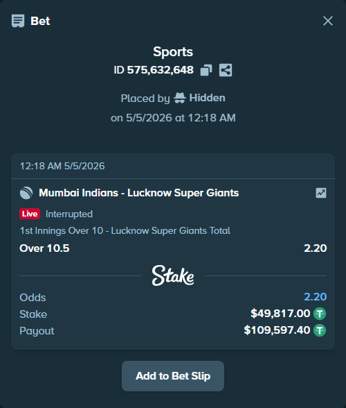 Bet slip: Mumbai Indians - Lucknow Super Giants, $49,817.00 stake at 2.20 odds, placed by Hidden
