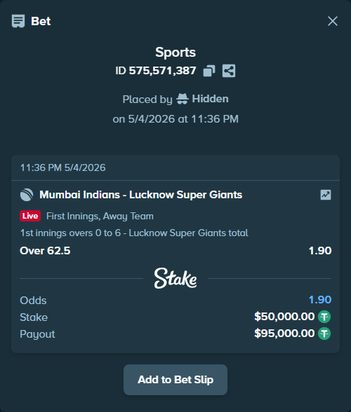 Bet slip: Mumbai Indians - Lucknow Super Giants, $50,000.00 stake at 1.90 odds, placed by Hidden
