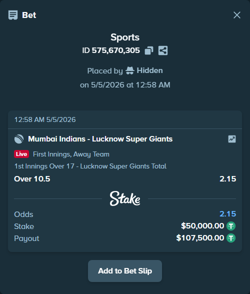 Bet slip: Mumbai Indians - Lucknow Super Giants, $50,000.00 stake at 2.15 odds, placed by Hidden