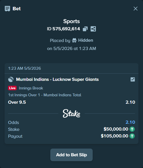 Bet slip: Mumbai Indians - Lucknow Super Giants, $50,000.00 stake at 2.10 odds, placed by Hidden