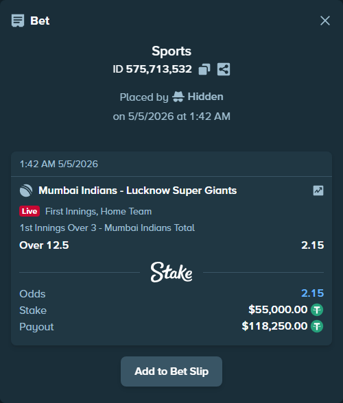 Bet slip: Mumbai Indians - Lucknow Super Giants, $55,000.00 stake at 2.15 odds, placed by Hidden