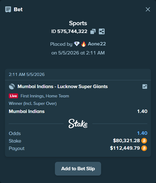 Bet slip: Mumbai Indians - Lucknow Super Giants, $70,000.00 stake at 1.40 odds, placed by Aone22