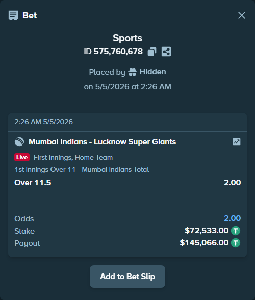 Bet slip: Mumbai Indians - Lucknow Super Giants, $72,533.00 stake at 2.00 odds, placed by Hidden