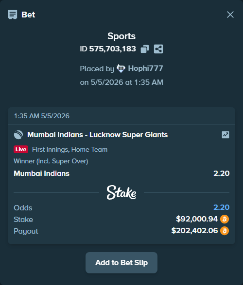 Bet slip: Mumbai Indians - Lucknow Super Giants, $80,629.63 stake at 2.20 odds, placed by Hophi777