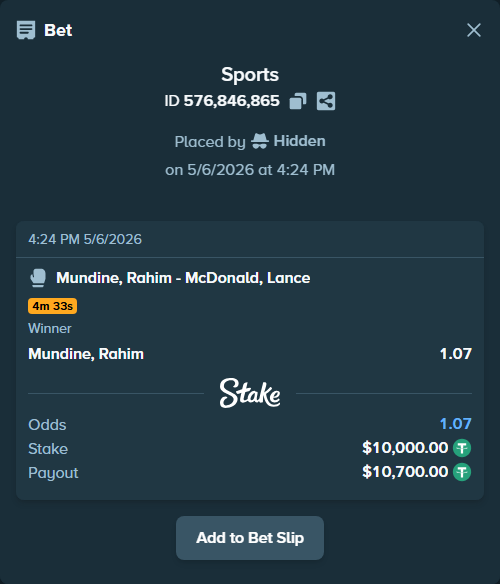 Bet slip: Mundine, Rahim - McDonald, Lance, $10,000.00 stake at 1.07 odds, placed by Hidden