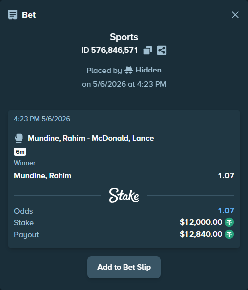 Bet slip: Mundine, Rahim - McDonald, Lance, $12,000.00 stake at 1.07 odds, placed by Hidden