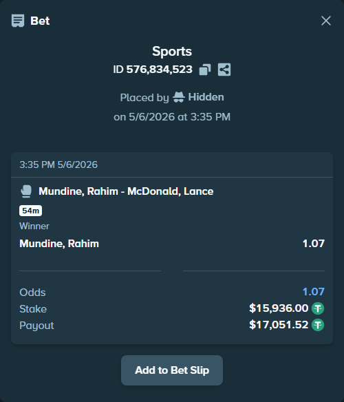 Bet slip: Mundine, Rahim - McDonald, Lance, $15,936.00 stake at 1.07 odds, placed by Hidden