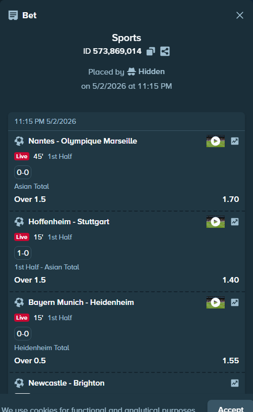 Bet slip: Nantes - Olympique Marseille, $10,000.00 stake at 1.70 odds, placed by Hidden