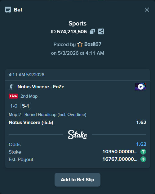 Bet slip: Natus Vincere - FaZe, $10,350.00 stake at 1.62 odds, placed by Basil67