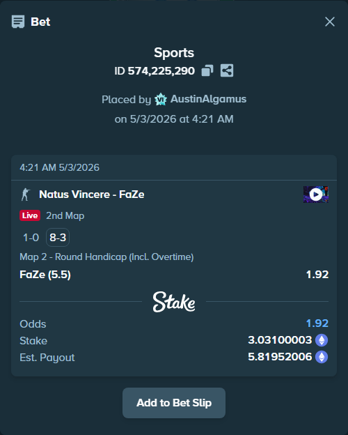 Bet slip: Natus Vincere - FaZe, $10,608.50 stake at 1.92 odds, placed by AustinAlgamus