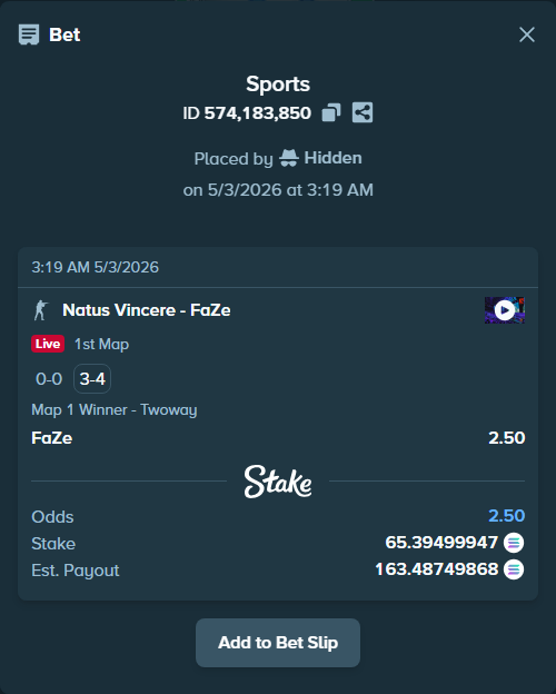 Bet slip: Natus Vincere - FaZe, $13,079.00 stake at 2.50 odds, placed by Hidden