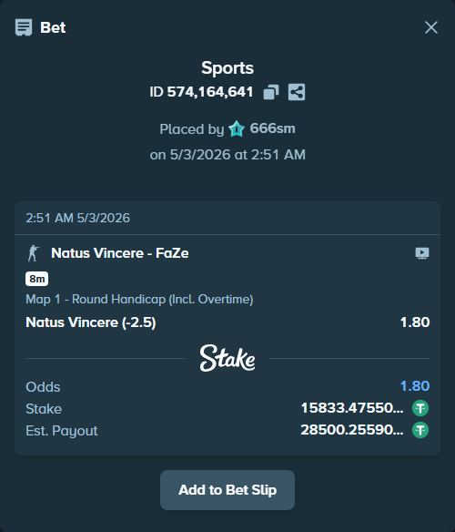 Bet slip: Natus Vincere - FaZe, $15,833.48 stake at 1.80 odds, placed by 666sm