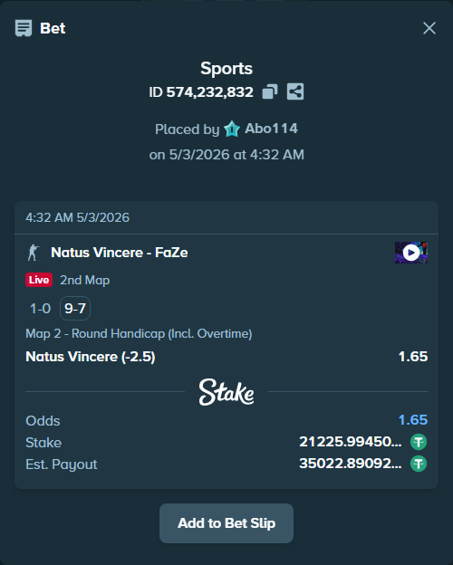 Bet slip: Natus Vincere - FaZe, $21,225.99 stake at 1.65 odds, placed by Abo114