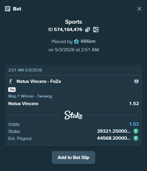 Bet slip: Natus Vincere - FaZe, $29,321.25 stake at 1.52 odds, placed by 666sm
