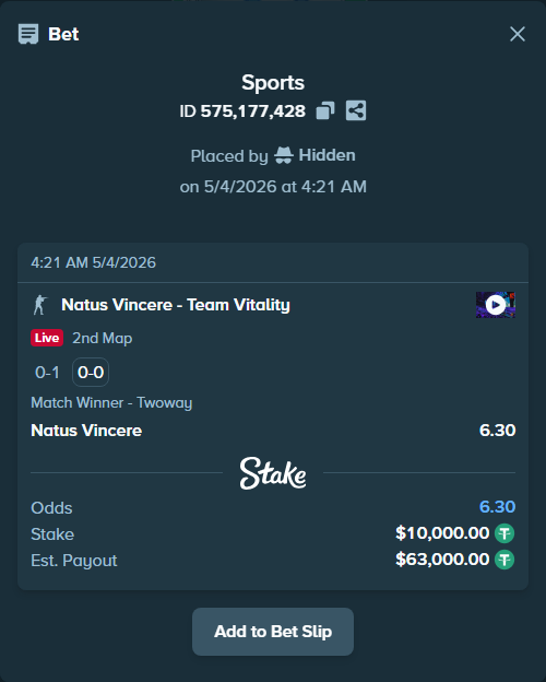 Bet slip: Natus Vincere - Team Vitality, $10,000.00 stake at 6.30 odds, placed by Hidden