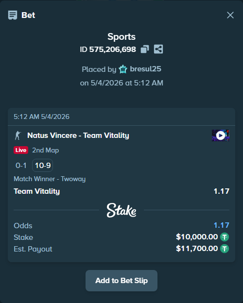 Bet slip: Natus Vincere - Team Vitality, $10,000.00 stake at 1.17 odds, placed by bresul25