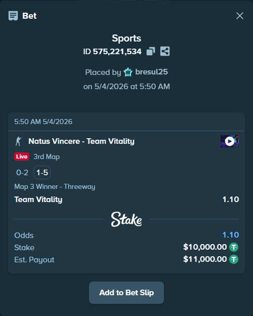 Bet slip: Natus Vincere - Team Vitality, $10,000.00 stake at 1.10 odds, placed by bresul25